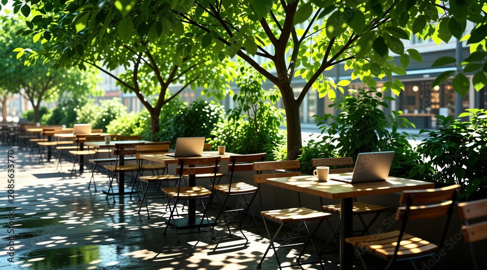 Naklejka premium Empty outdoor cafe terrace with tables and laptops under leafy trees. Sunlit dappled shadows fall on wet wooden floor. Relaxing urban park setting with chairs and coffee cups.