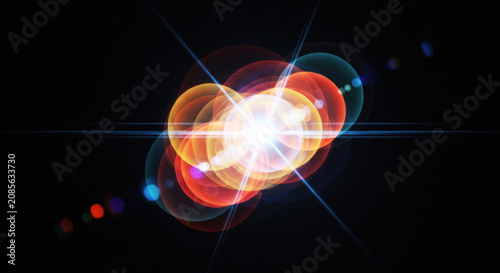 A vibrant, abstract image depicts a central, glowing orb surrounded by concentric, layered rings of light.