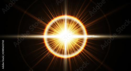 A brilliant, radiant sun emits intense golden light rays emanating from a central point. The light forms a circular pattern with intersecting lines, creating a dramatic and energetic effect.