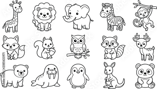 Photography Cute Wild and Zoo Animal Coloring Page Set Featuring Cartoon Lion Elephant Giraf