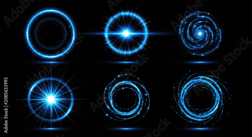 A dark background showcases a collection of glowing, circular energy patterns. Each pattern emits bright blue light and intricate, swirling designs.