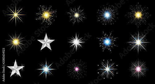 A collection of stylized firework bursts in various colors and sizes are displayed against a black background.