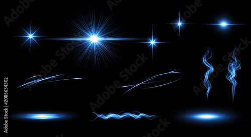 Multiple bright blue light beams and flares radiate across a dark background. The light effects include starbursts, streaks, and swirling patterns.