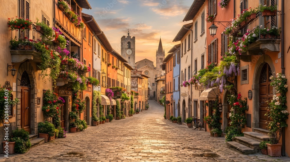 Fototapeta premium A picturesque cobblestone street lined with colorful buildings and vibrant flowers in a quaint European town at sunset