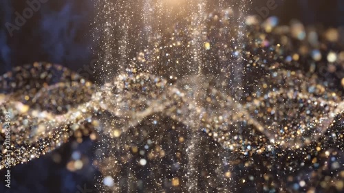 Golden Sparkling Particles Flowing Through Dark Scene