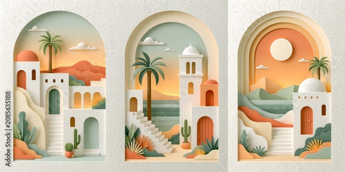 Minimalist paper craft triptych of a charming Tuscan townscape in a summer paradise. Layered paper illustration with warm Mediterranean charm, perfect for elegant wall art decor.