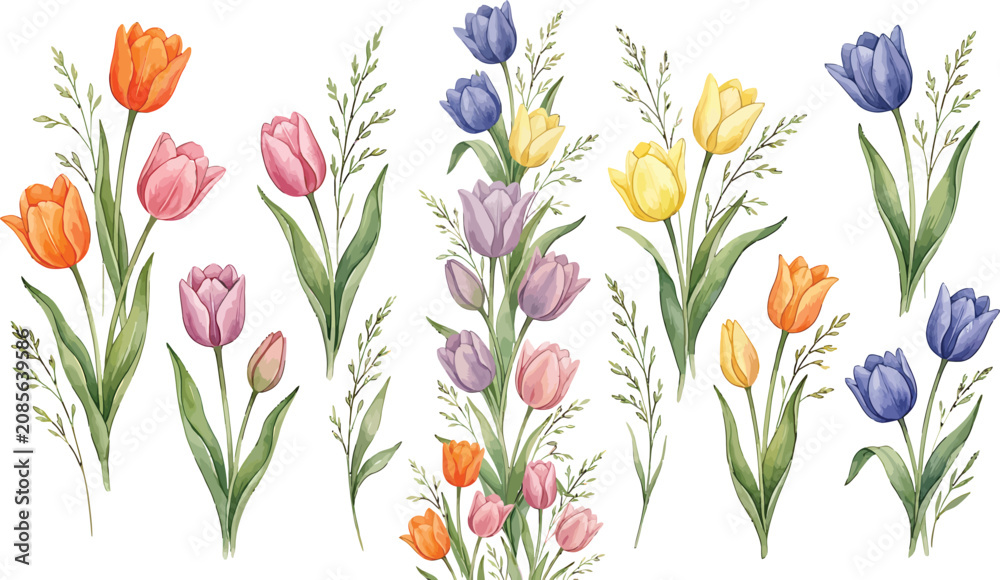 Fototapeta premium Watercolor tulip flower collection with green leaves and grass stems isolated on a white background vector illustration