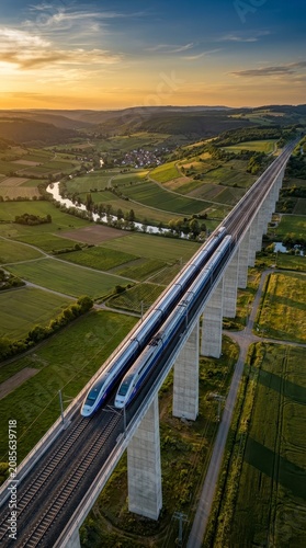 Two high-speed trains on a long viaduct over a scenic valley
