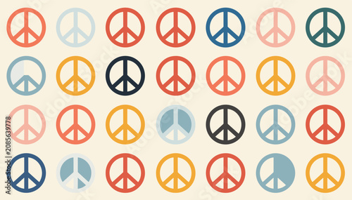Quadro su tela Colorful grid of peace symbols in a retro style, featuring various hues on a light background, evoking a vintage and harmonious aesthetic
