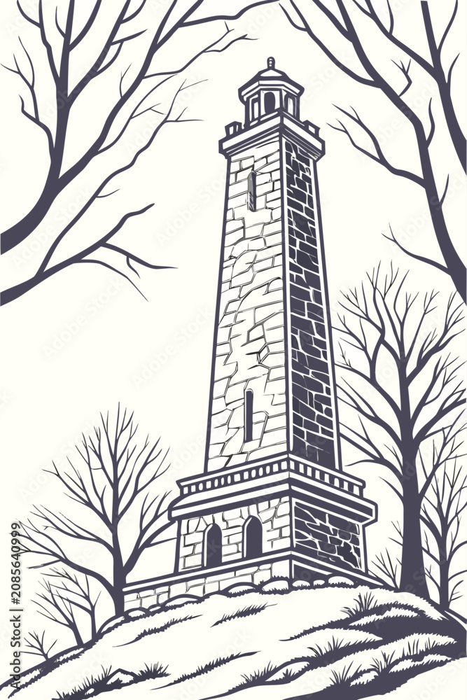 Obraz premium Tall stone lighthouse tower standing on a grassy hill surrounded by bare winter trees, black and white line landmark