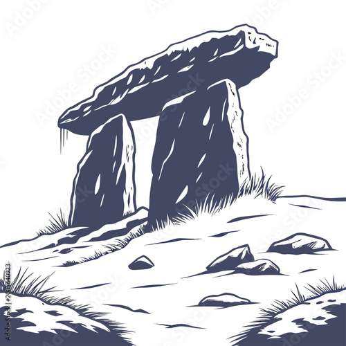 Tableau sur toile Ancient stone dolmen monument with large capstone on two upright rocks, grassy l