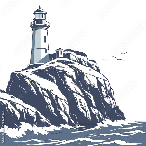 Schilderij op canvas Of a lighthouse on a rocky headland with crashing waves in a monochromatic blue