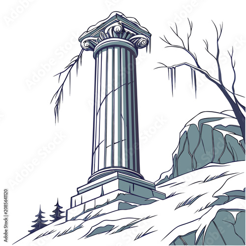 Tableau sur toile Ancient stone column standing on a snowy hillside with bare trees, in blue and w