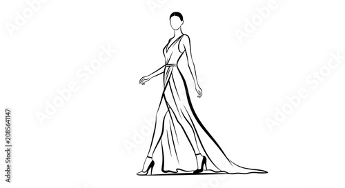 A minimalist line drawing of a woman walking in a long elegant evening gown