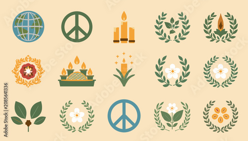 Obraz na płótnie A collection of diverse peace, nature, and spiritual symbols including globes, peace signs, candles, wreaths, and floral designs