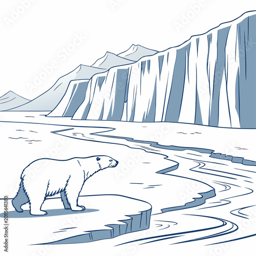 A polar bear walking on an ice shelf near a large glacier in the arctic, depicted in a clean with blue and white tones