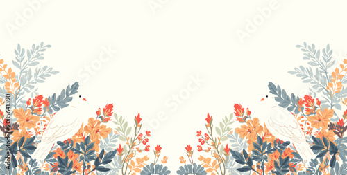 Photos Symmetrical floral arrangement with two white doves amidst colorful flowers and leaves on a light background