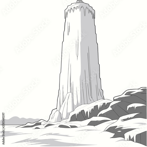 Slika na platnu A tall, monolithic ice tower standing on a frozen, rocky coastline with icicles
