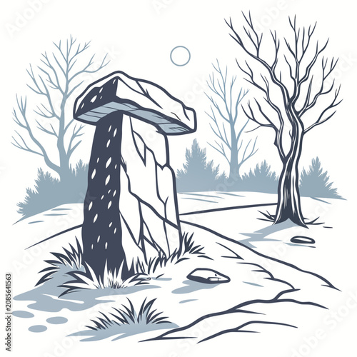Tableau sur toile A of a prehistoric stone dolmen monument standing in a winter landscape with bar