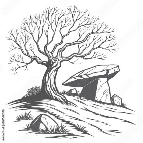 Foto A gnarled leafless tree standing next to a large ancient stone dolmen on a grass