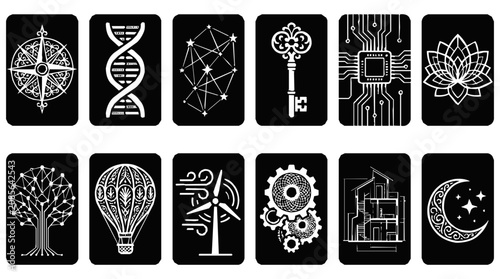 A Professional Symbol and Icon Collection Featuring a Graphic Set of Universal Elements Including DNA, Technology, Nature, and Celestial Designs