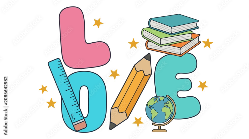 Fototapeta premium love education school supplies graphic a learning concept illustrated with a ruler pencil books and globe on a white background.