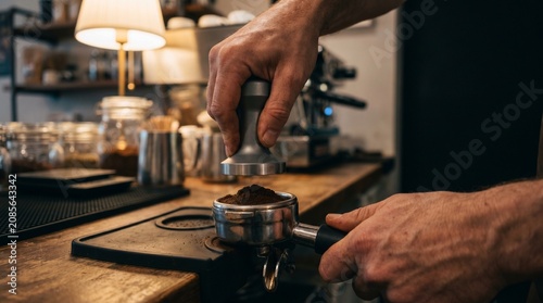 Barista hands using a metal tamper to press ground coffee into a portafilter at a cafe counter, espresso preparation, coffee shop lifestyle, professional brewing.