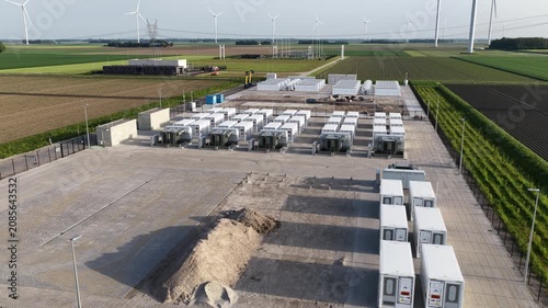 Aerial view of BESS Containers at Wind Park