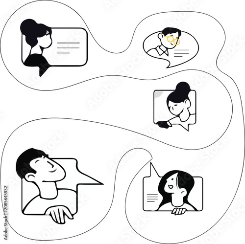 People communicating through speech bubbles line art illustration