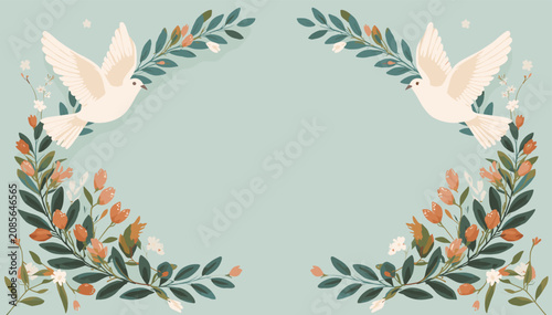 Photos Two white doves flying towards the center, framed by symmetrical floral wreaths with green leaves and subtle flowers on a light blue-green background, symbolizing peace and celebration