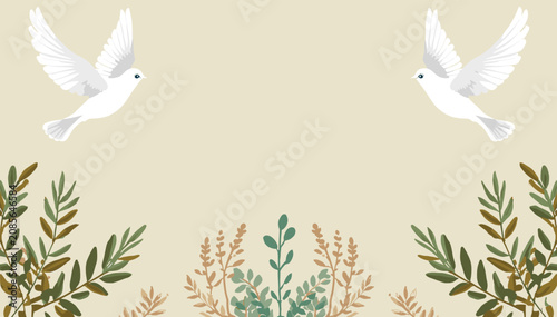 Tableau sur toile Two white doves flying gracefully over a serene beige background with decorative green and brown botanical elements at the bottom