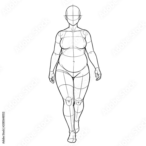 Plus size pregnant base walking front view line art.