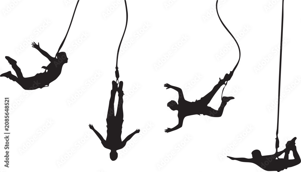 Obraz na płótnie Bungee Jumping Silhouette Set – Extreme Adventure Sport People Jumping with Safe