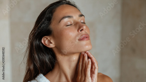 Woman performing morning skincare ritual in a bathroom
