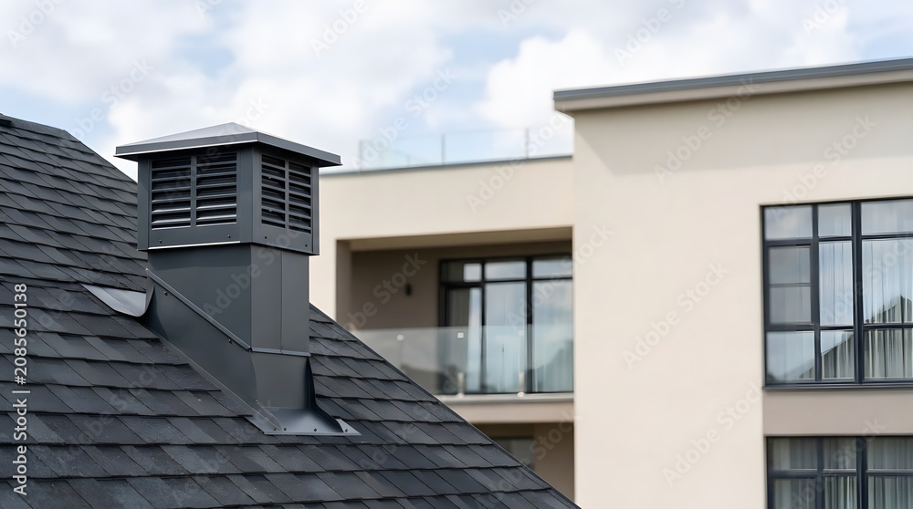 Fototapeta premium modern residential roof ventilation terminal installed on asphalt shingle rooftop with contemporary house background
