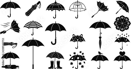 Obraz na płótnie Collection Of Black Silhouette Umbrellas Leaves And Raindrops On A White Backgro