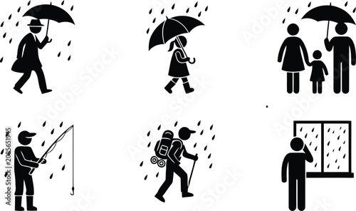Fotografie People with umbrellas in rainy weather black silhouette icons on a white backgro