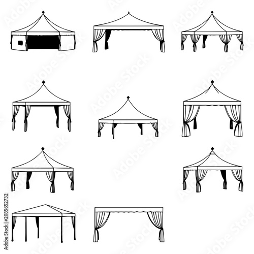 Принти на полотні Tents set with minimalist black and white vector illustration featuring tents, c