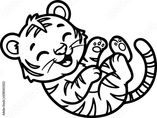Canvas Print Cute cartoon tiger cub rolling on its back, playful and happy, black and white l