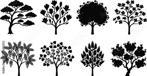 Fotografía Silhouette collection of diverse tree species showing unique foliage patterns, c