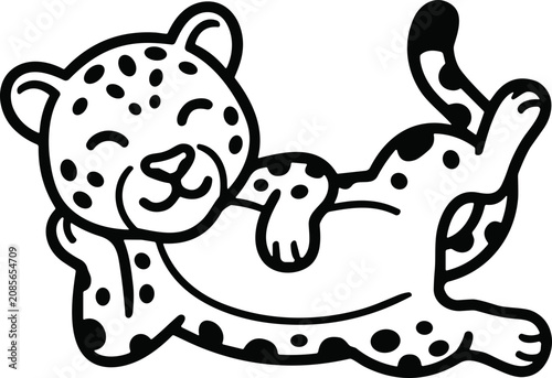 Photography Cute cartoon leopard cub lying on back, black and white line art, playful and ha