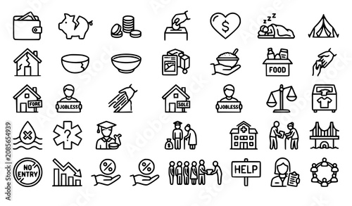 Photos Outline Poverty Icon Set Pixel Perfect Humanitarian Vector Collection