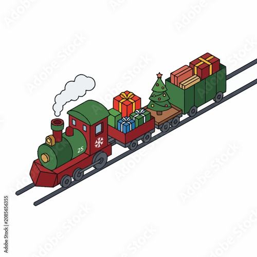 Tableau sur toile Green steam train with Christmas gifts.