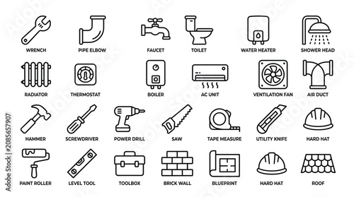 Plumbing and construction tools icons set featuring wrench pipes faucet toilet water heater radiator thermostat boiler ac unit ventilation fan and blueprint plan.