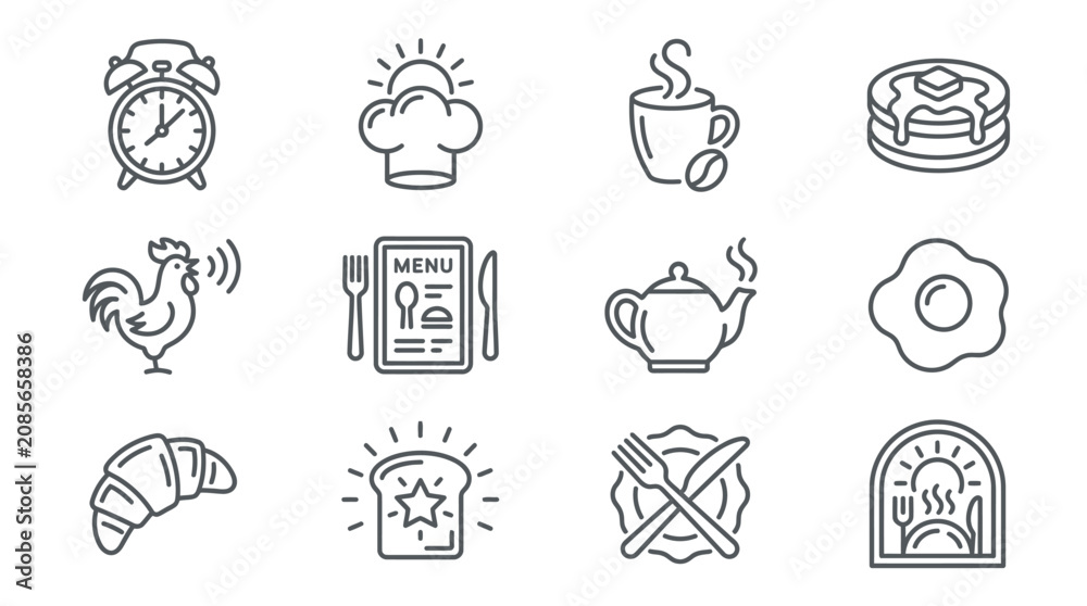Fototapeta premium Morning routine and cafe line icon set