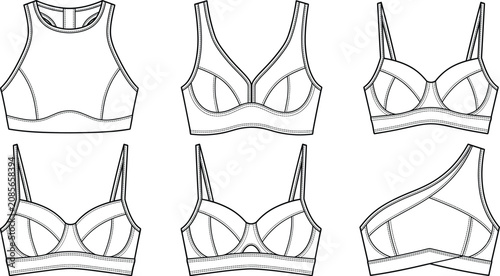 Quadro em tela Collection of technical bra and bralette design sketches showing multiple front