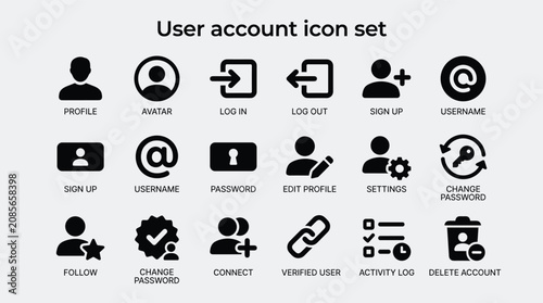 Professional user account icon set for web and mobile applications including profile avatar login log out sign up username password settings and account management.