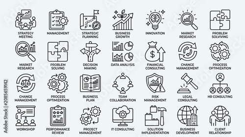 Set of business and consulting line icons, strategy meeting, management, strategic planning, business growth, innovation, market research.