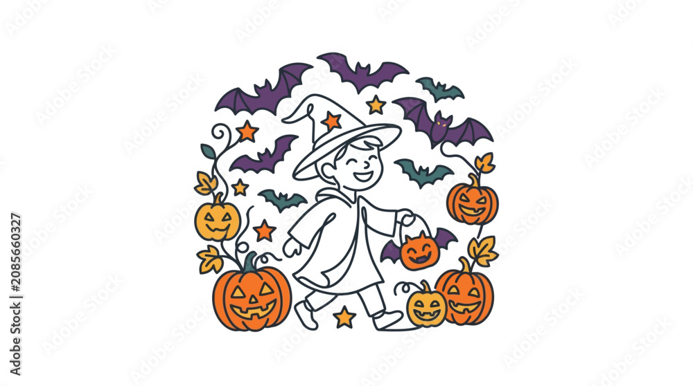 Fototapeta premium A joyful child dressed as a wizard trick or treating surrounded by pumpkins and bats.