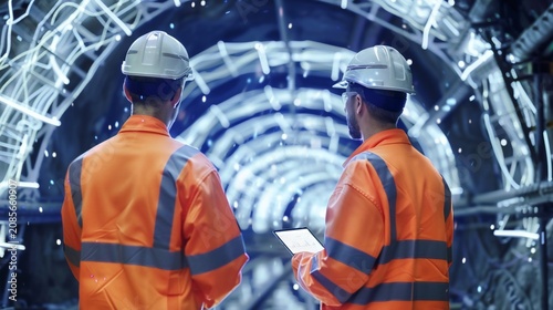 Two workers in orange vests and helmets inspecting a tunnel with blue lighting